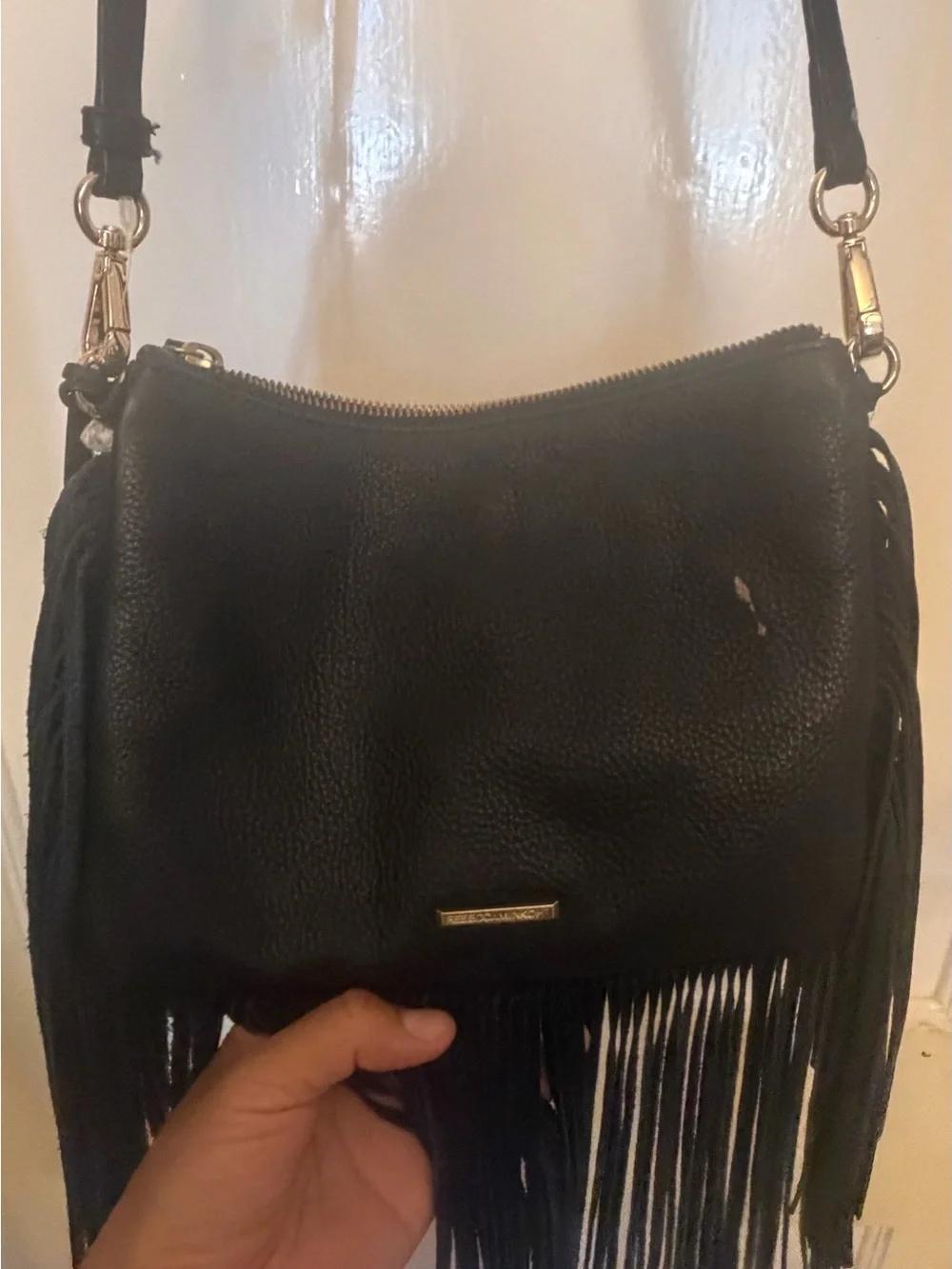 Rebecca Minkoff Boho Embellished Fringe Crossbody Bag in Black and Cream